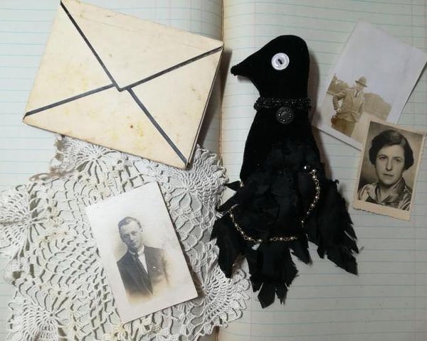 Textile art crow, raven brooch, nevermore, textile brooch, bird art
