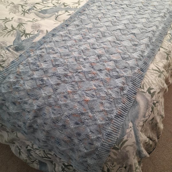 Hand Knitted Blue Throw Afghan for Bed or Sofa.