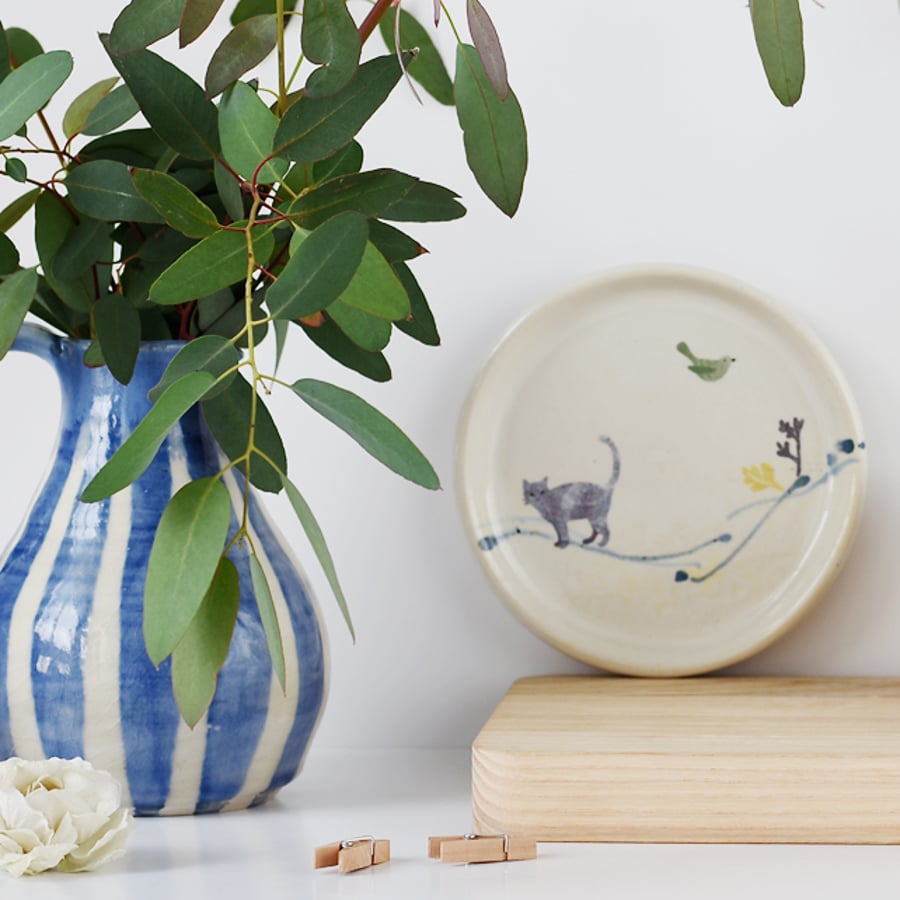 Art naive inspired ceramic plate with cat and bird - handmade stoneware pottery