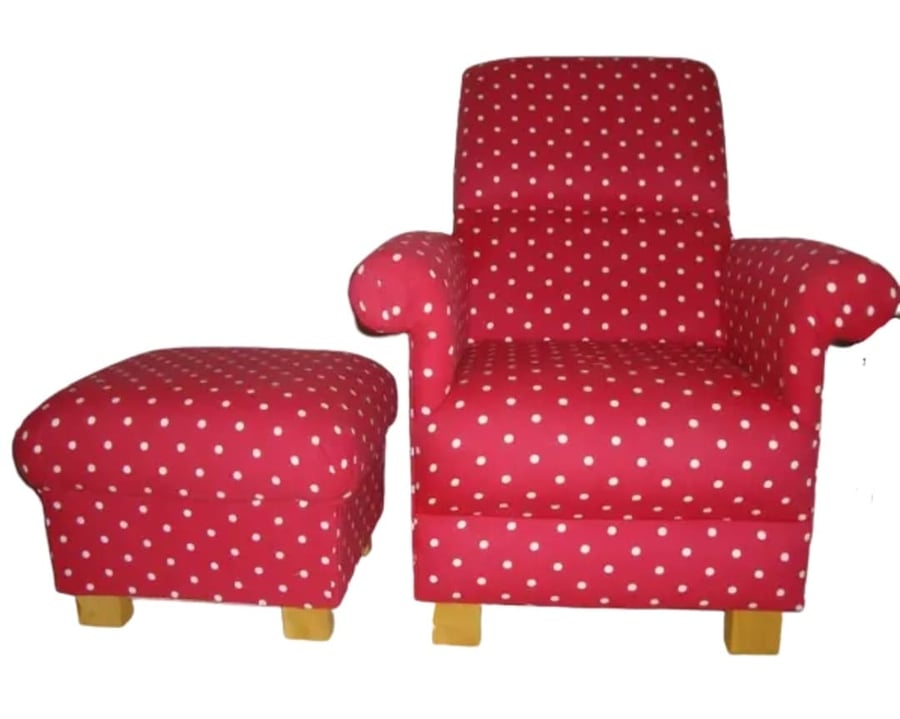 Red White Polka Dots Armchair & Footstool Adult Chair Clarke Dotty Spot Fabric