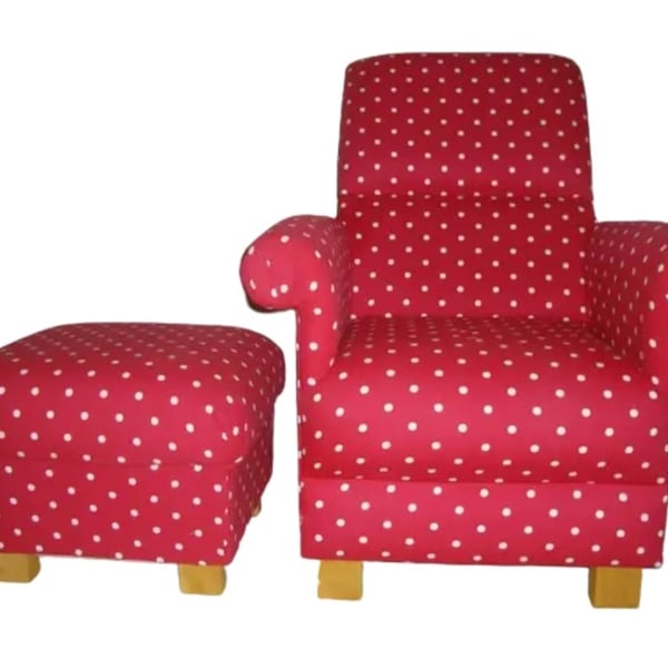 Red White Polka Dots Armchair & Footstool Adult Chair Clarke Dotty Spot Fabric