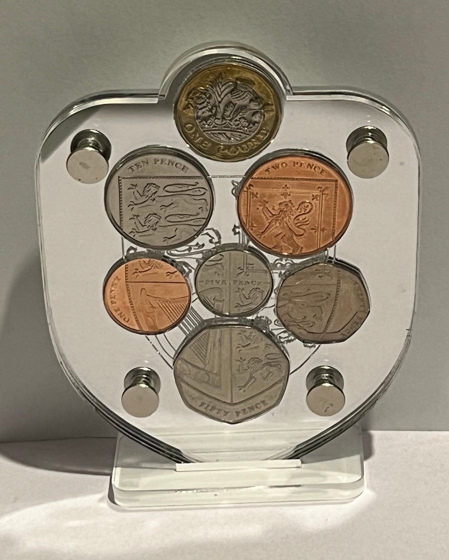 Shield of arms coin display stand, in house designed 
