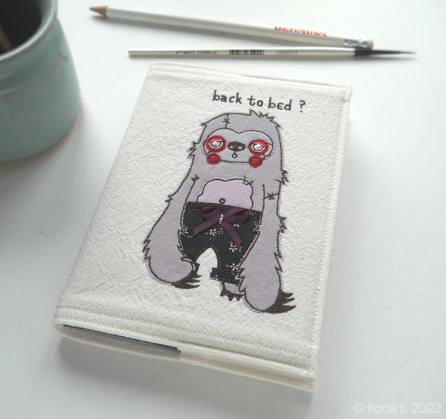 freehand embroidered zombie sloth in pyjamas notebook sketchbook lilac