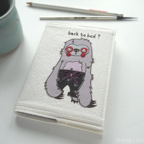 freehand embroidered zombie sloth in pyjamas notebook sketchbook lilac