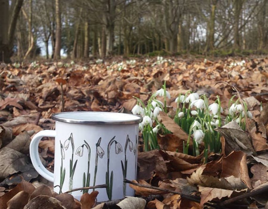 Enamel Mug; Snowdrop Flower illustrations by Alice Draws The line; a camping, hi