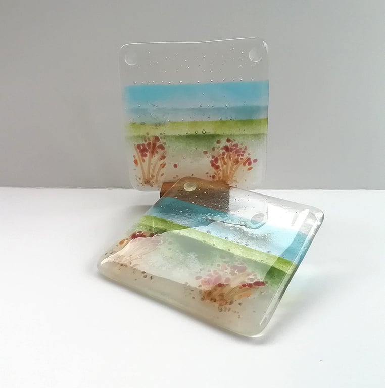 Coastal glass coasters, beach themed bar accessories, set of two coasters, gift 