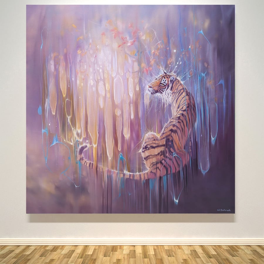 Tiger in the Ether is a purple oil painting of a semi-abstract glowing tiger