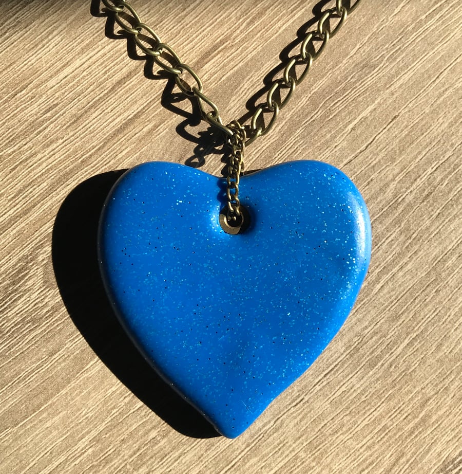 Heart of the Lake - Blue Glitter Sparkle Polymer Clay Pendant Necklace