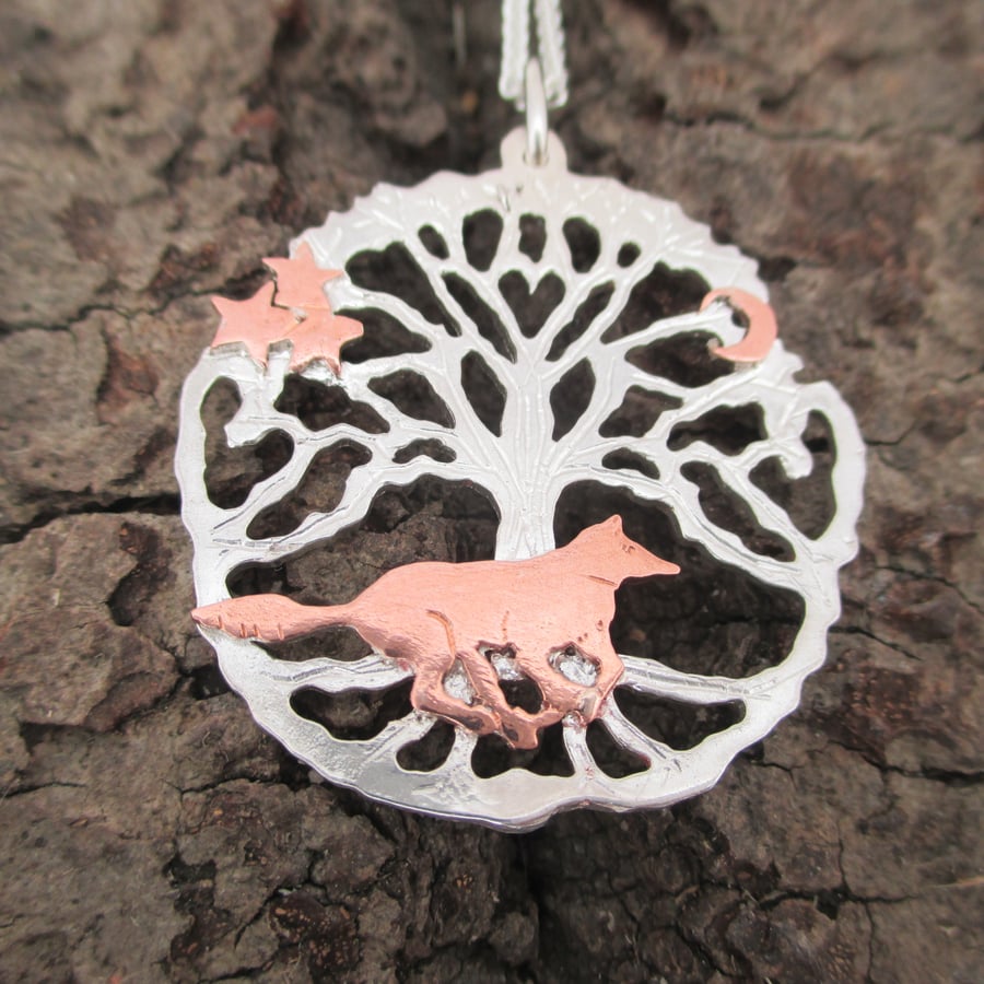 Running Wolf Silver Yorkshire Tree of Life Pendant,Necklace, Wild Wolf Moon star