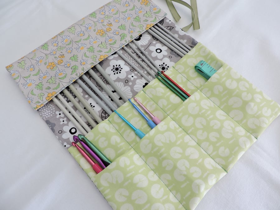 Knitting Needle Crochet Hook Roll  Green Yellow White
