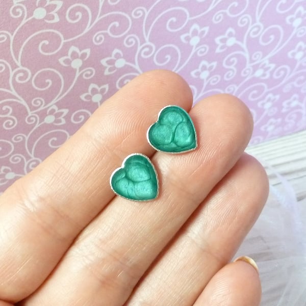 Turquoise Blue Heart Studs, bright enamel and steel heart-shaped stud earrings