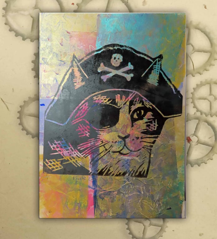 Pirate Cat One off Hand-Pulled Linocut & Gelli Print Yellow