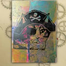 Pirate Cat One off Hand-Pulled Linocut & Gelli Print Yellow