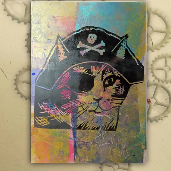 Pirate Cat One off Hand-Pulled Linocut & Gelli Print Yellow