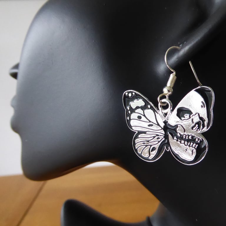 Enamelled Black and Silver Butterfly Skull Earrings with silver plated ear wires