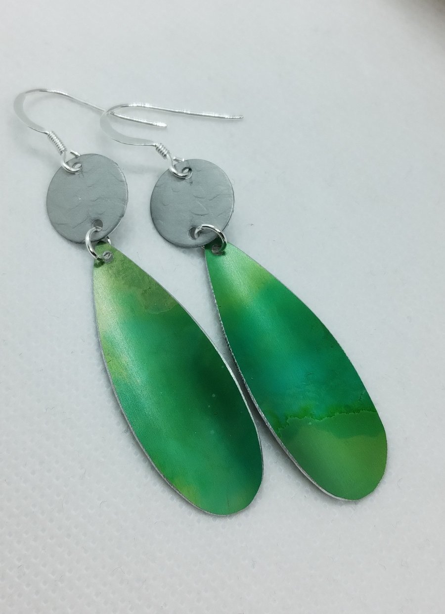 Green hand dyed aluminium earrings