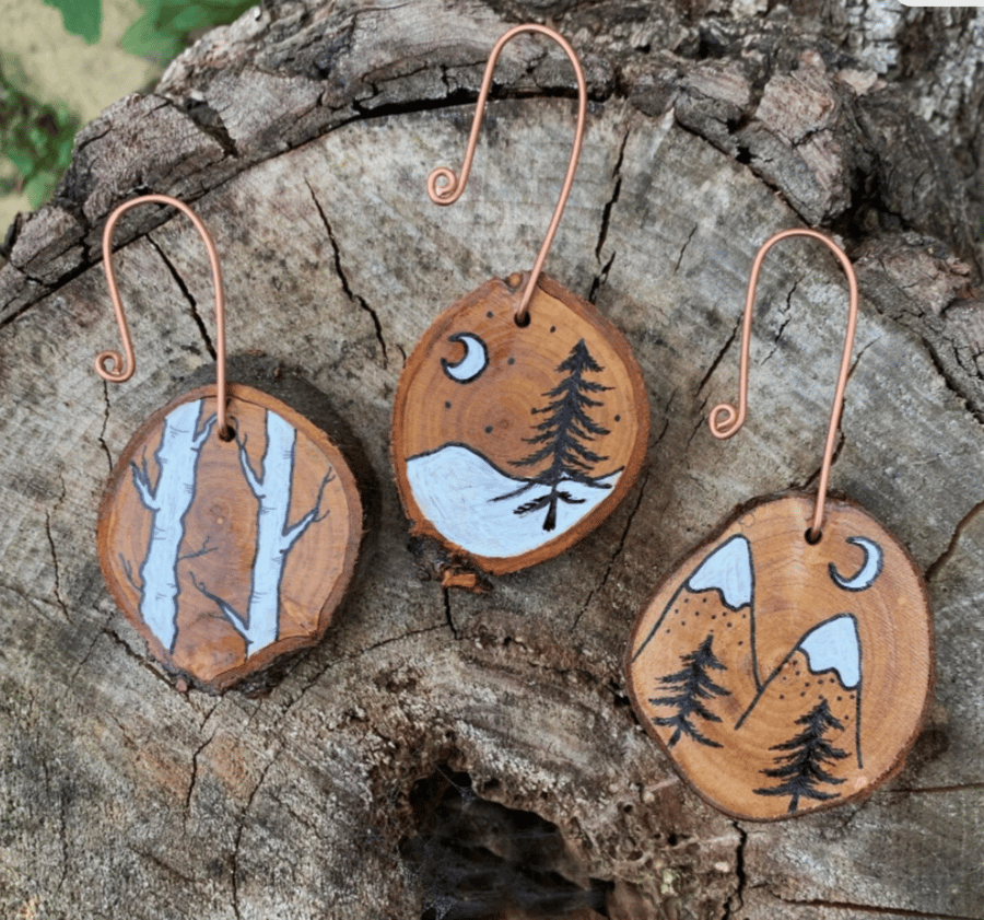 Wooden Christmas decoration, with copper hanging wire, rustic homeware