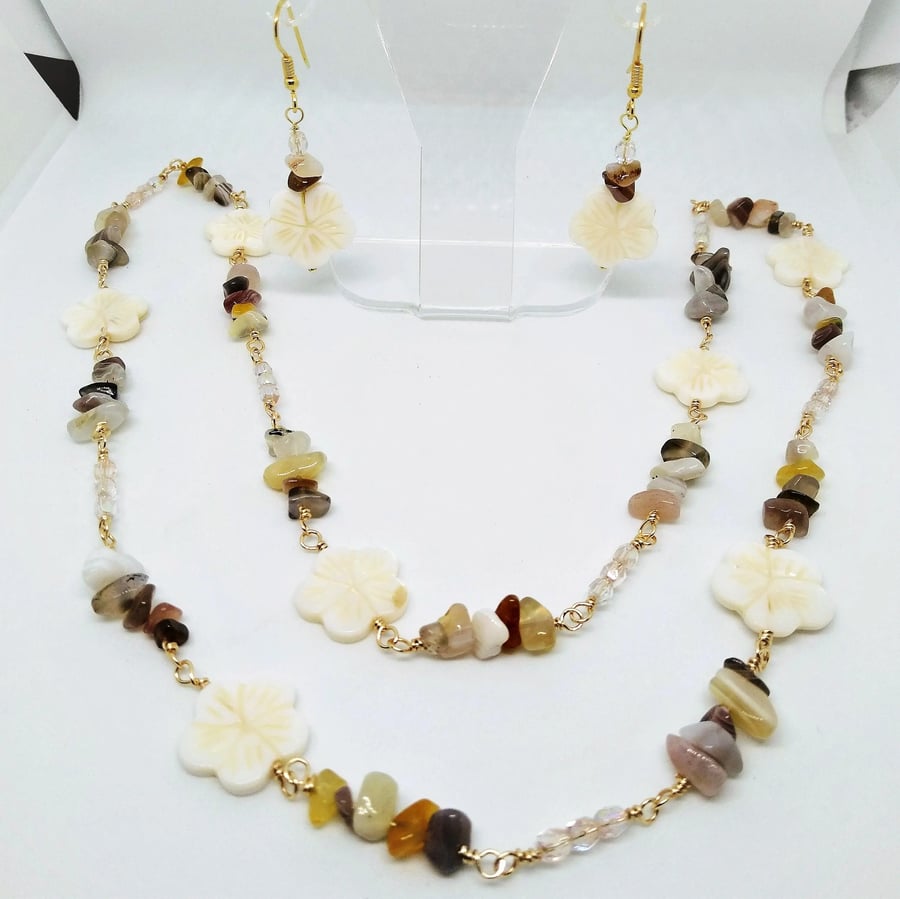 Botswana Agate & Shell Flowers Long Overhead Necklace & Earrings