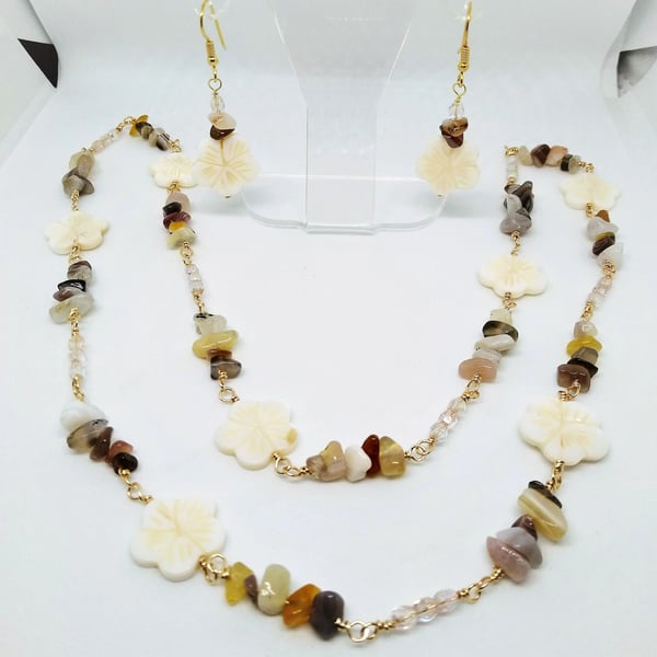 Botswana Agate & Shell Flowers Long Overhead Necklace & Earrings