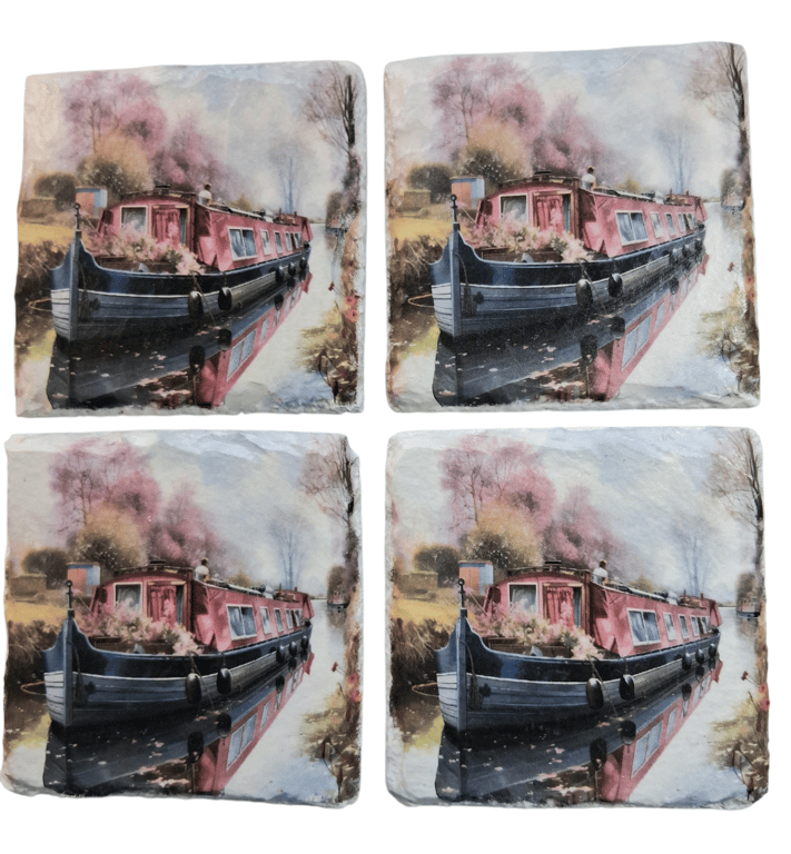 Black Narrow Boat Decoupaged Slate Coasters Set of 4 Pieces