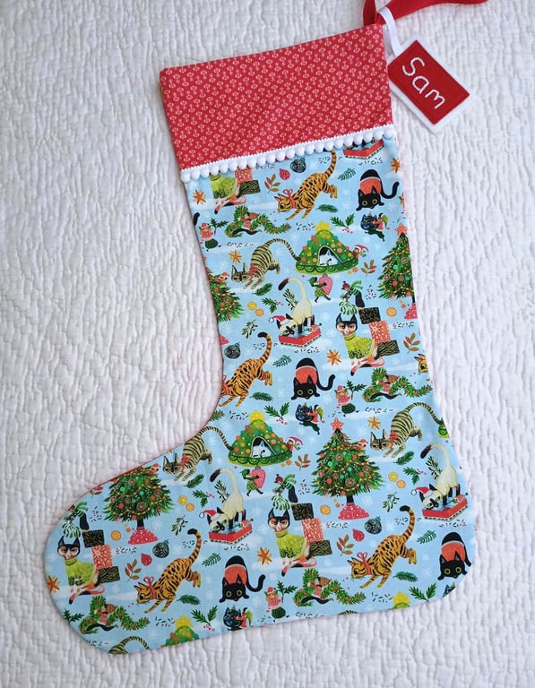 Cool Cats Christmas Stocking, large stocking can be personalised