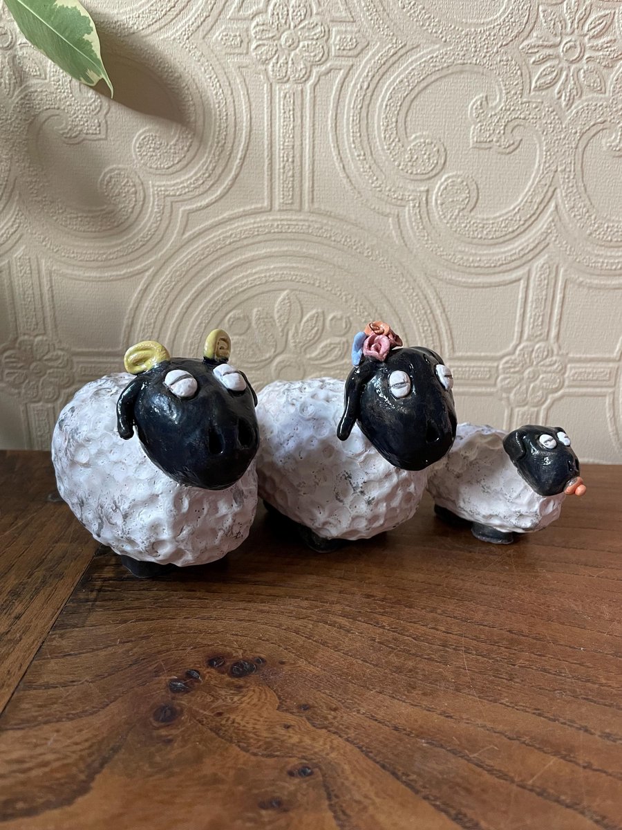 Family of Ceramic Welsh Sheep - Handmade New Baby Gift 