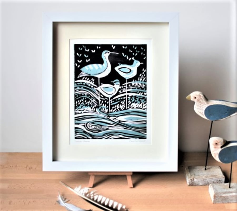 Seaside Waders - Framed original linocut print by Christine Dracup