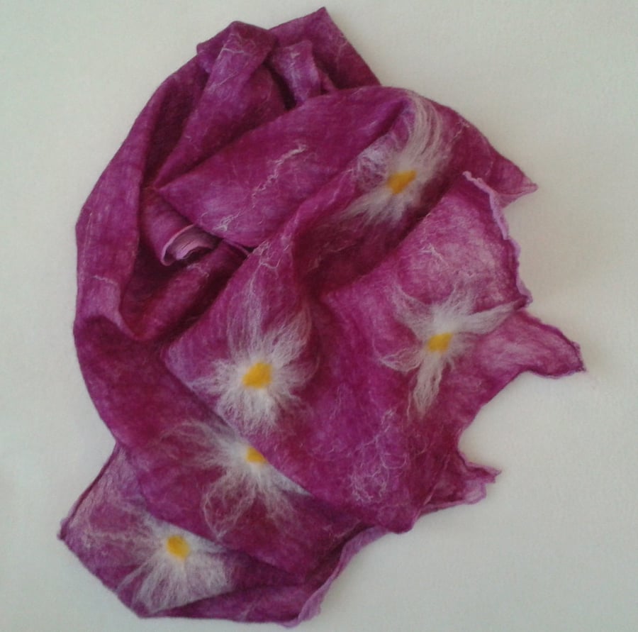 Nuno felted scarf, wool on silk, purple with daisy detail