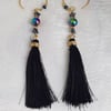 Black Tassel Earrings with Stars - Gold tones