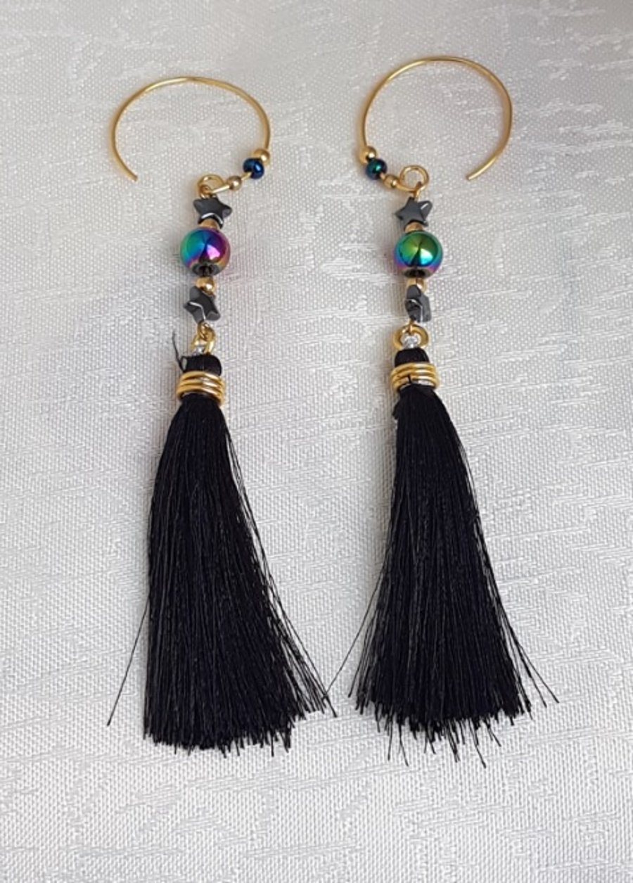Black Tassel Earrings with Stars - Gold tones