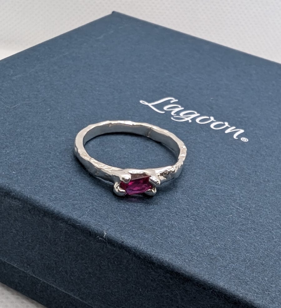 'Orrica' Sterling silver organic form ring with bright pink stone Size N