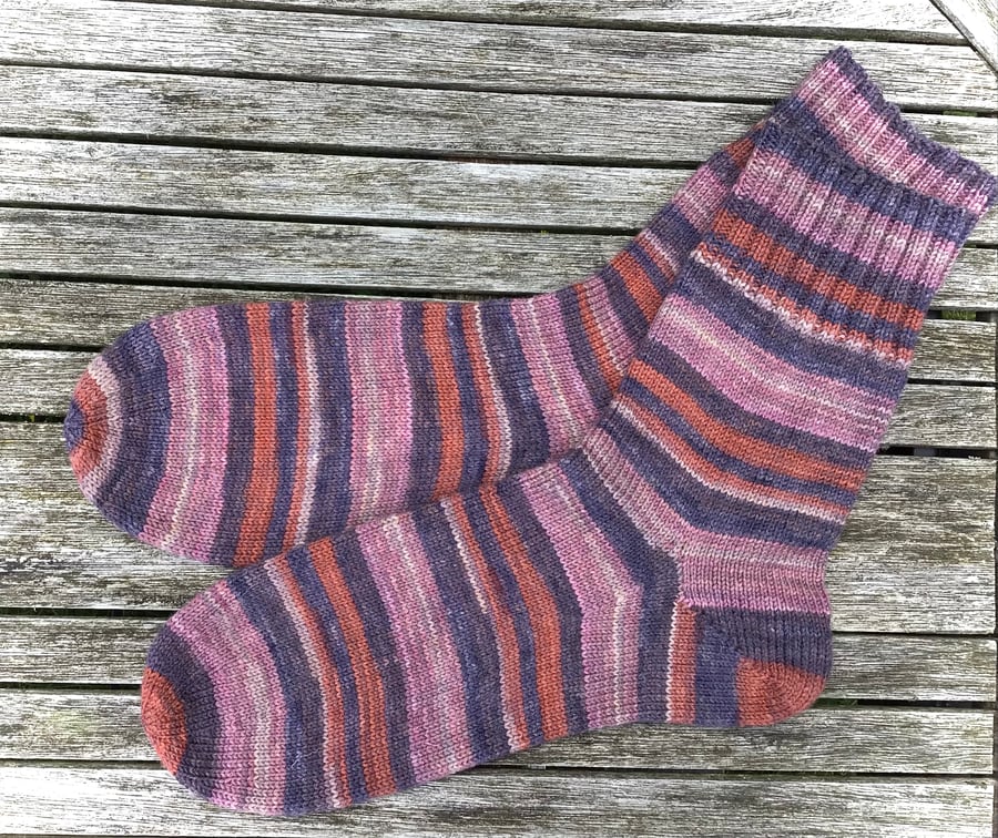 Hand knitted socks, blue purple brick red, UK8-9 EU42-43