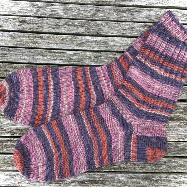 Hand knitted socks, blue purple brick red, UK8-9 EU42-43