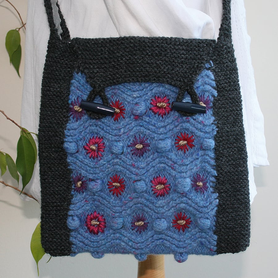 Knitted and Felted, Upcycled, Embroidered Messenger Bag
