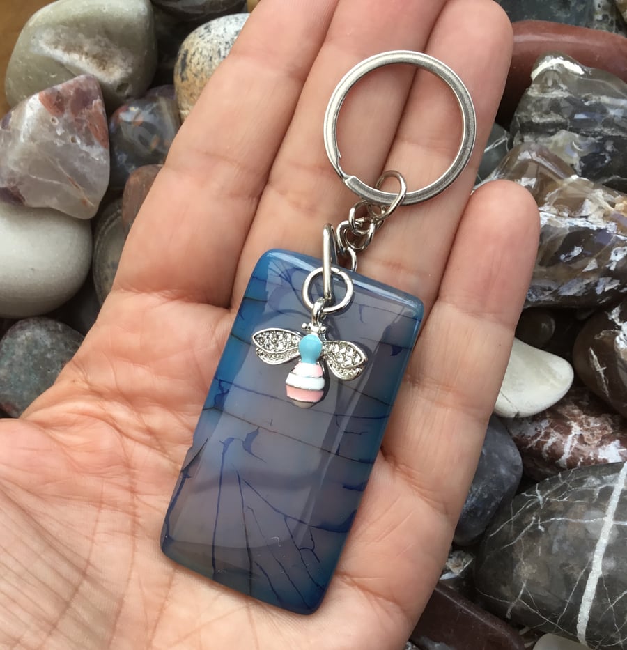 Sea Breeze Bee!  Lovely Veined Agate and Enamelled Bee Keyring or Handbag Charm 