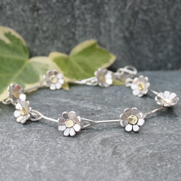 Sterling silver daisy chain bracelet, nature inspired gift for her