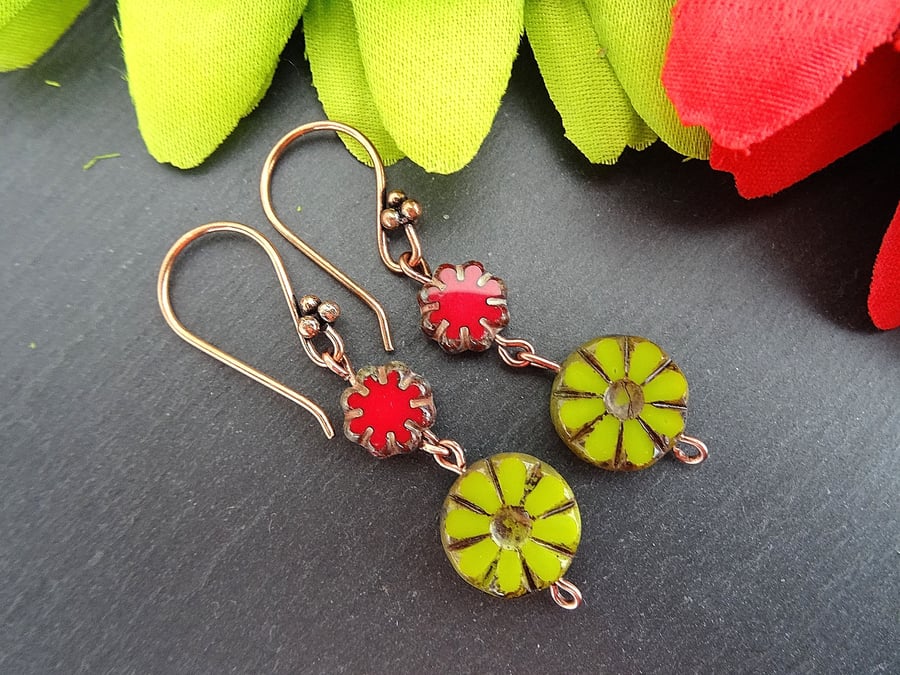 Chartreuse and red czech glass earrings