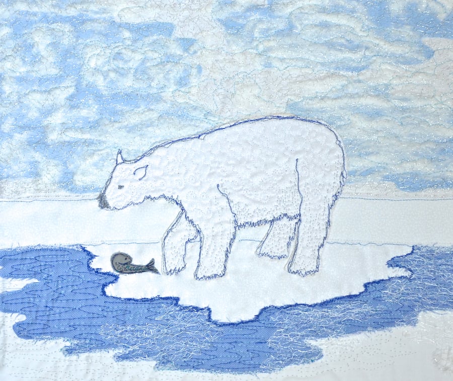 Child's Polar bear textile picture - snow scene cuddly bear