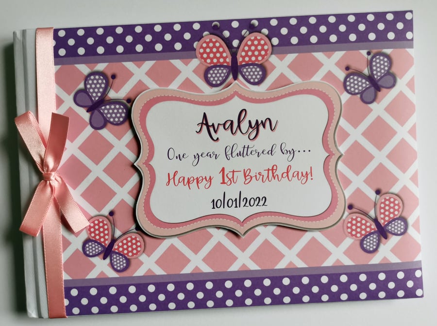 Butterfly birthday guest book, purple and pink butterflies guest book