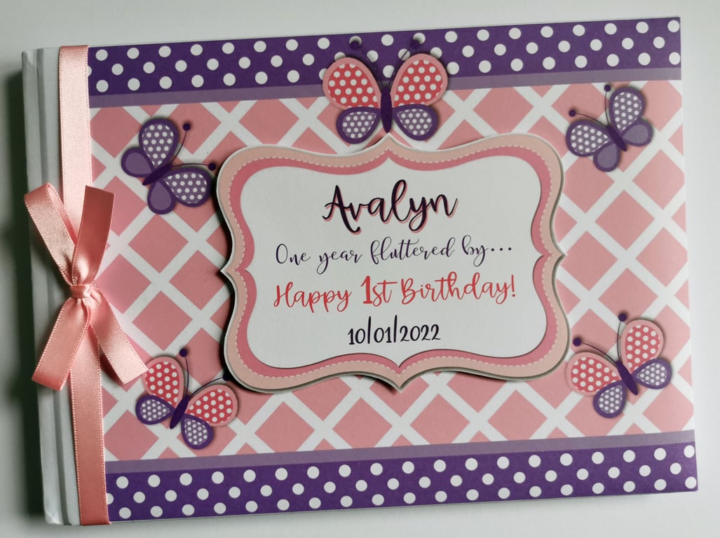 Butterfly birthday guest book, purple and pink butterflies guest book