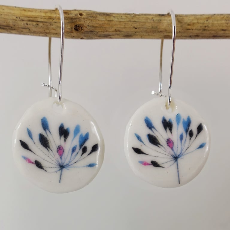 Porcelain Clay Ceramic Flower Round Dangle Earrings