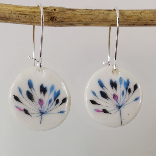 Porcelain Clay Ceramic Flower Round Dangle Earrings