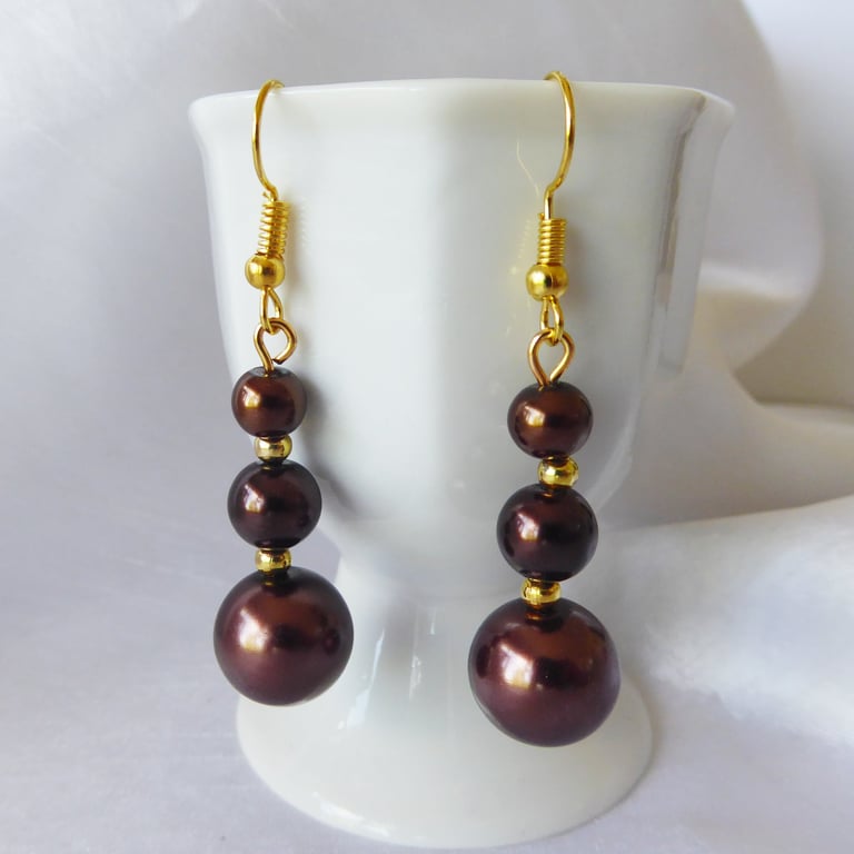 Chocolate Faux Pearl Earrings with gold plated ear-wires
