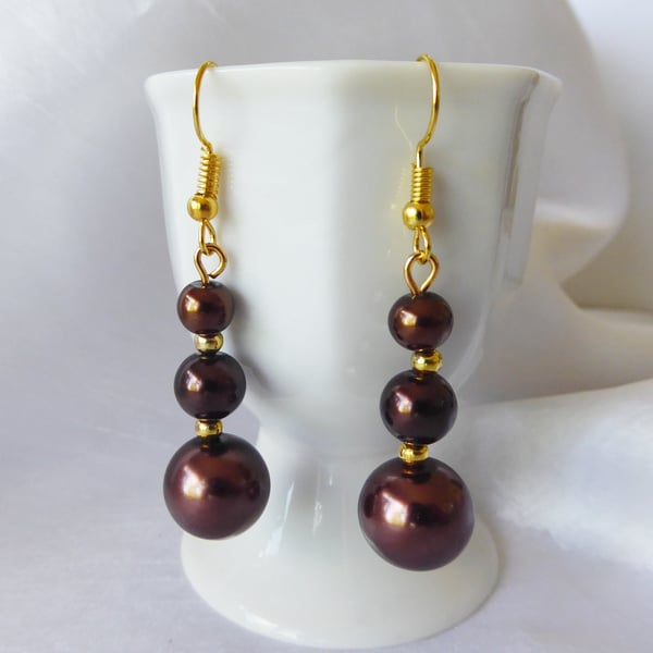 Chocolate Faux Pearl Earrings with gold plated ear-wires