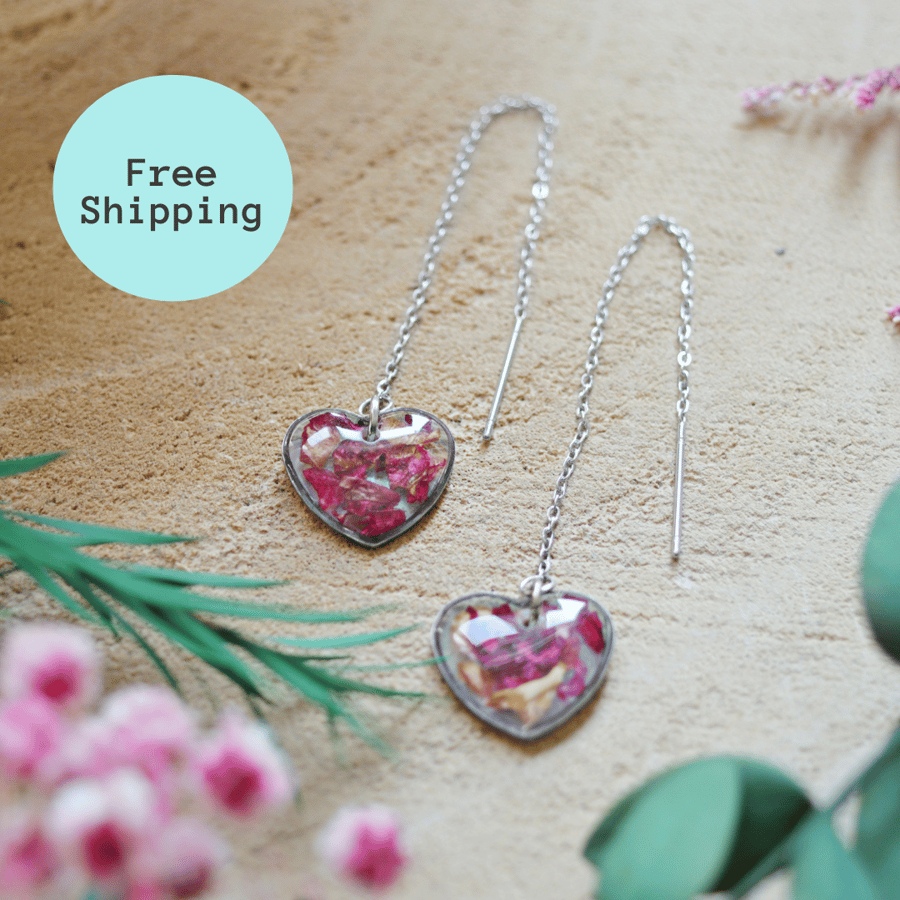 Deep Pink Rose Petal Heart shaped Threader Earrings - Free Postage