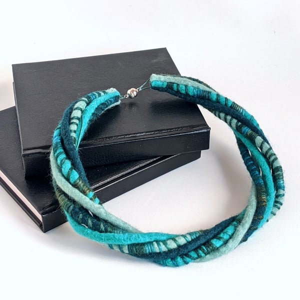 The Wrapped Twist: felted cord necklace in shades of duck egg and teal
