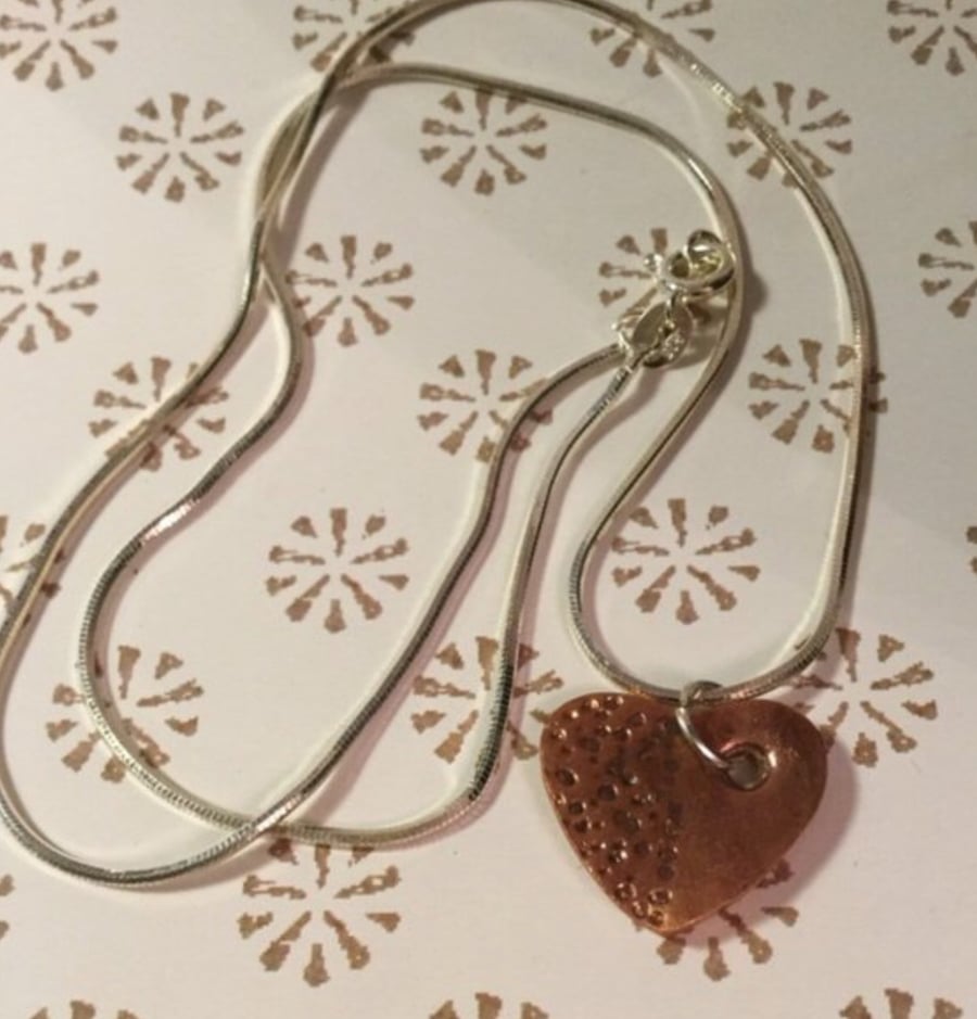 Contempory Heart  pendant copper kiln fired sterling silver 925 chain