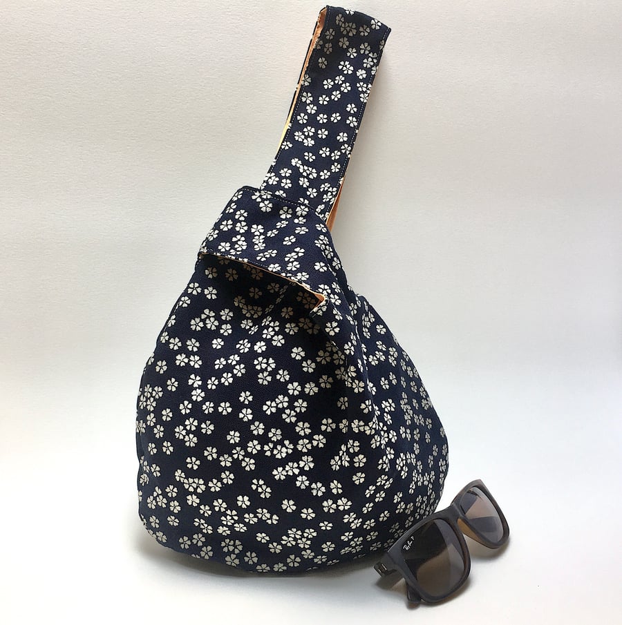 Japanese Knot Bag Blossoms Print on Linen Feel Indigo Fabric