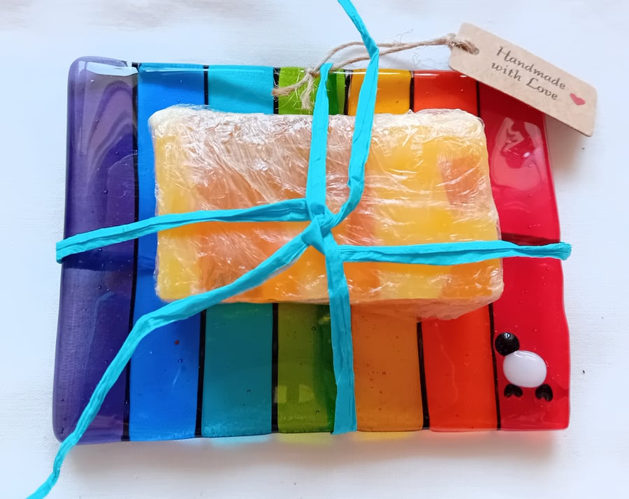 Fused glass Sheepy Rainbow soap dish