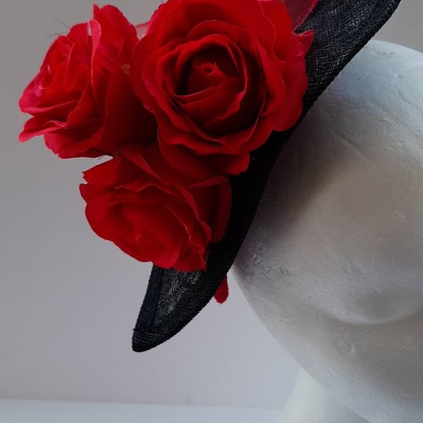 Red red rose, small hat, fascinator. 